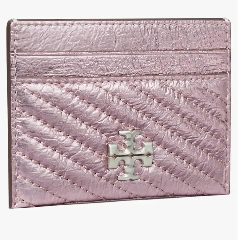 Tory Burch Leather Kira Moto Quilt Metallic Pave Logo Card Case Sparkle Pink